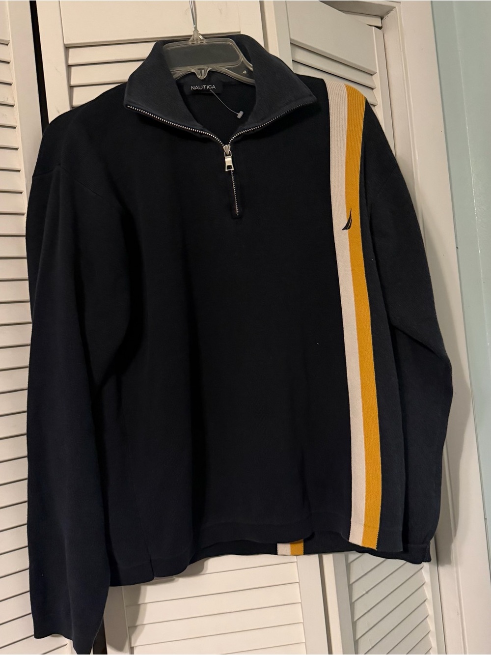 Nautica Men’s Navy Half-Zip Sweater with Yellow & Cream Side Stripes